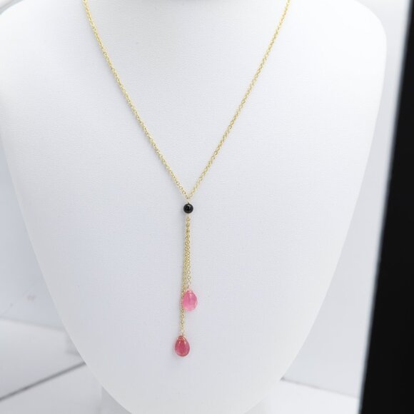 Tourmaline Dangle Necklace 14k Yellow Gold Pink Gemstone Drops (#8) - Picture 10 of 10